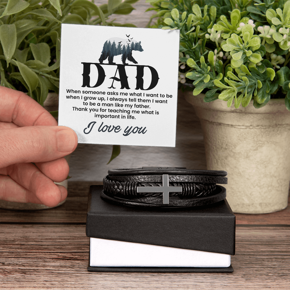 Man Like My Father Men's Cross Bracelet - Vegan Leather with Stainless Steel-Express Your Love Gifts
