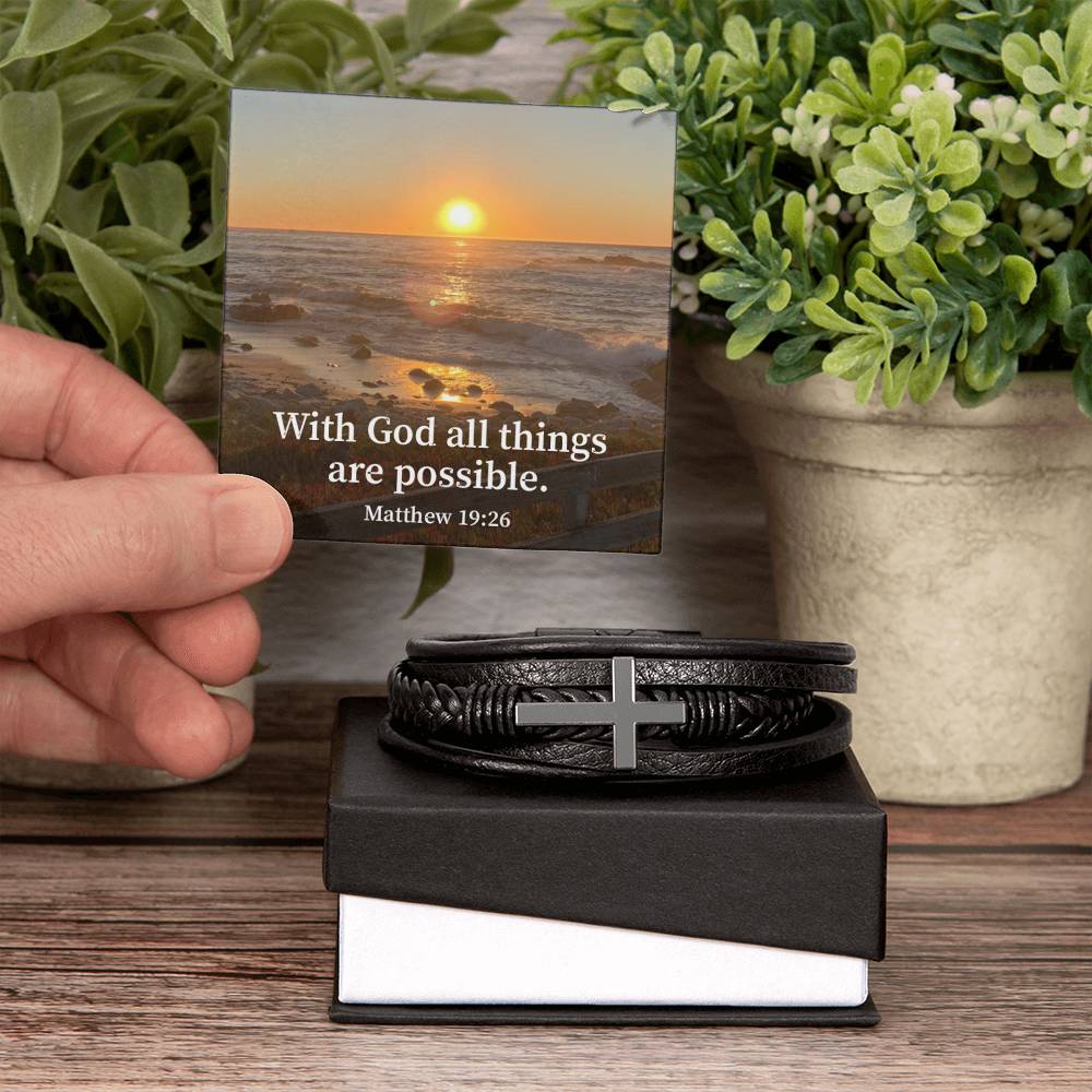 With God All Things are Possible Matthew 19:26 Men's Stainless Steel & Vegan Leather Cross Bracelet - Vegan Leather with Stainless Steel-Express Your Love Gifts