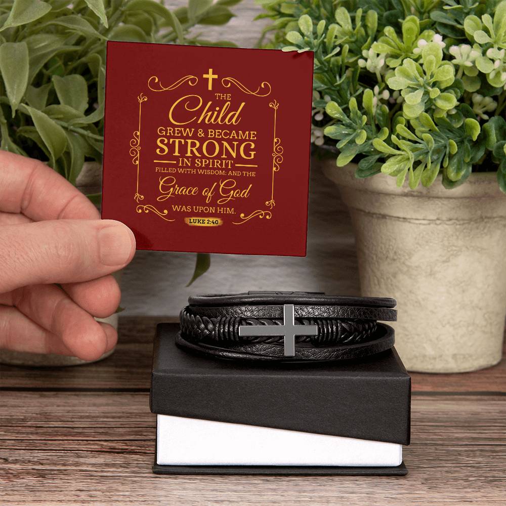Grace of God Luke 2:40 Men's Stainless Steel & Vegan Leather Cross Bracelet - Vegan Leather with Stainless Steel-Express Your Love Gifts