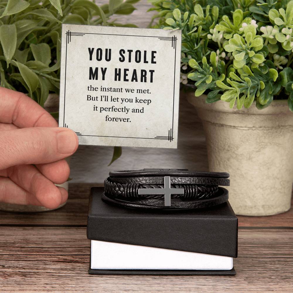 My To Man You Stole My Heart Men's Cross Bracelet - Vegan Leather with Stainless Steel-Express Your Love Gifts