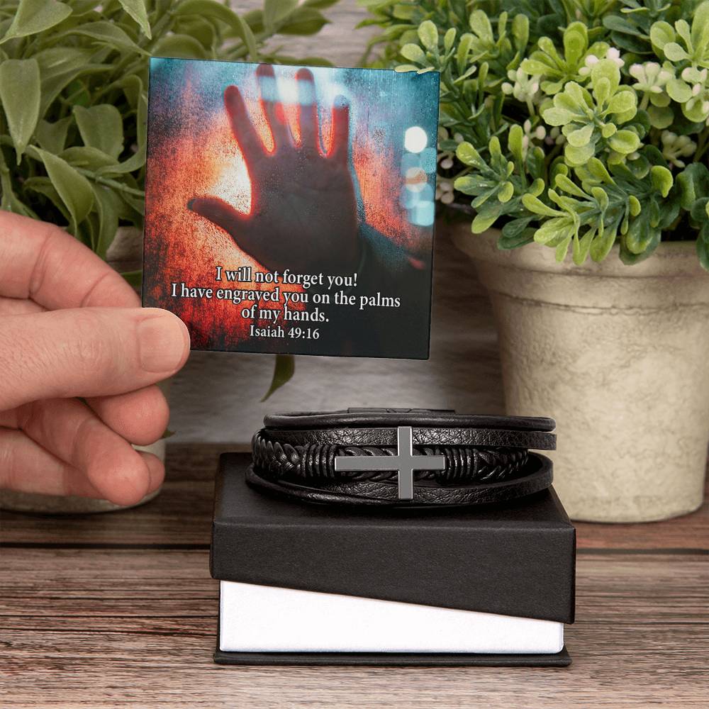 I Will Not Forget You Isaiah 49:16 Men's Stainless Steel & Vegan Leather Cross Bracelet - Vegan Leather with Stainless Steel-Express Your Love Gifts