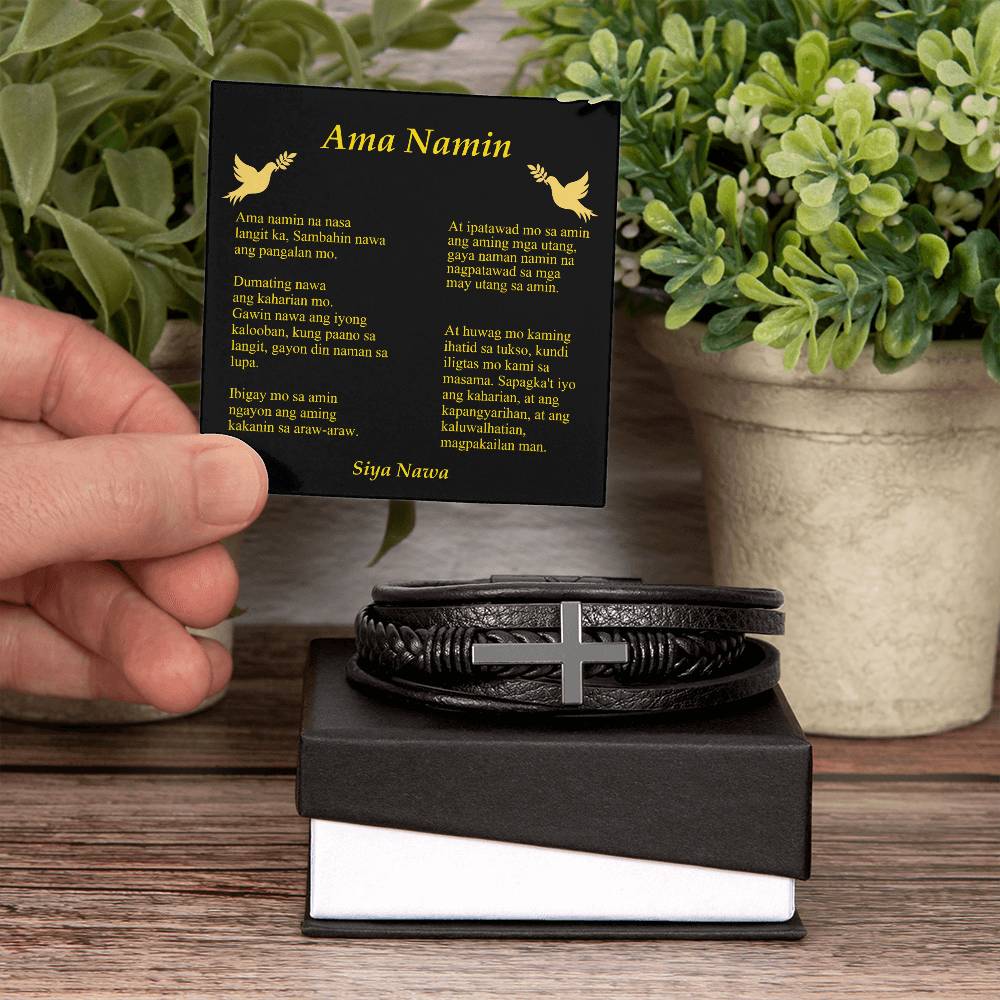 Lords Prayer Tagalog Ama Namin Men's Stainless Steel & Vegan Leather Cross Bracelet - Vegan Leather with Stainless Steel-Express Your Love Gifts