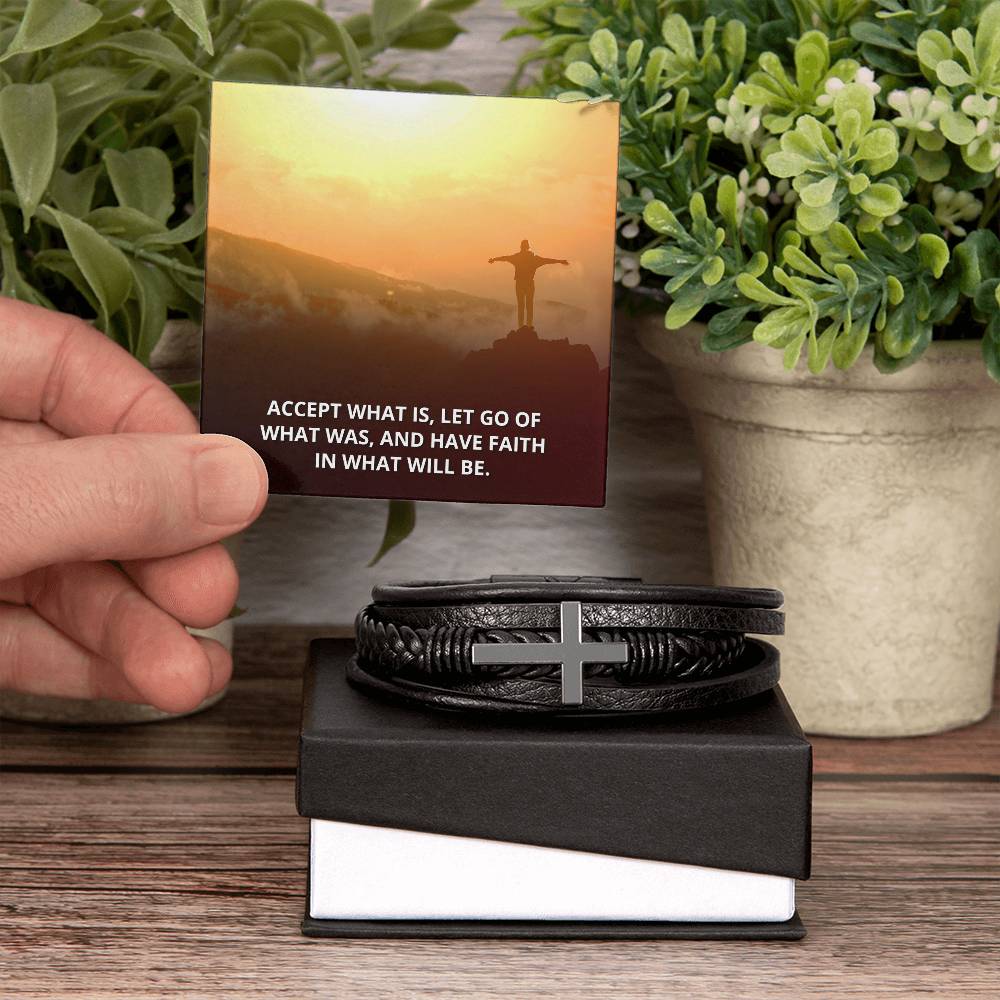 Accept What Is Men's Stainless Steel & Vegan Leather Cross Bracelet - Vegan Leather with Stainless Steel-Express Your Love Gifts