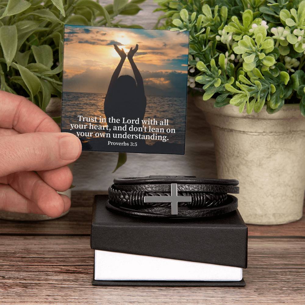 Trust in the Lord Proverbs 3:5 Men's Stainless Steel & Vegan Leather Cross Bracelet - Vegan Leather with Stainless Steel-Express Your Love Gifts