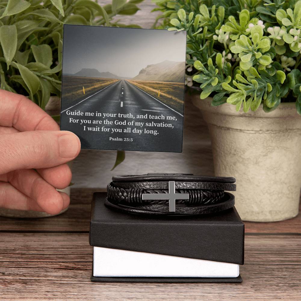 Guide Me Psalm 25:5 Men's Stainless Steel & Vegan Leather Cross Bracelet - Vegan Leather with Stainless Steel-Express Your Love Gifts
