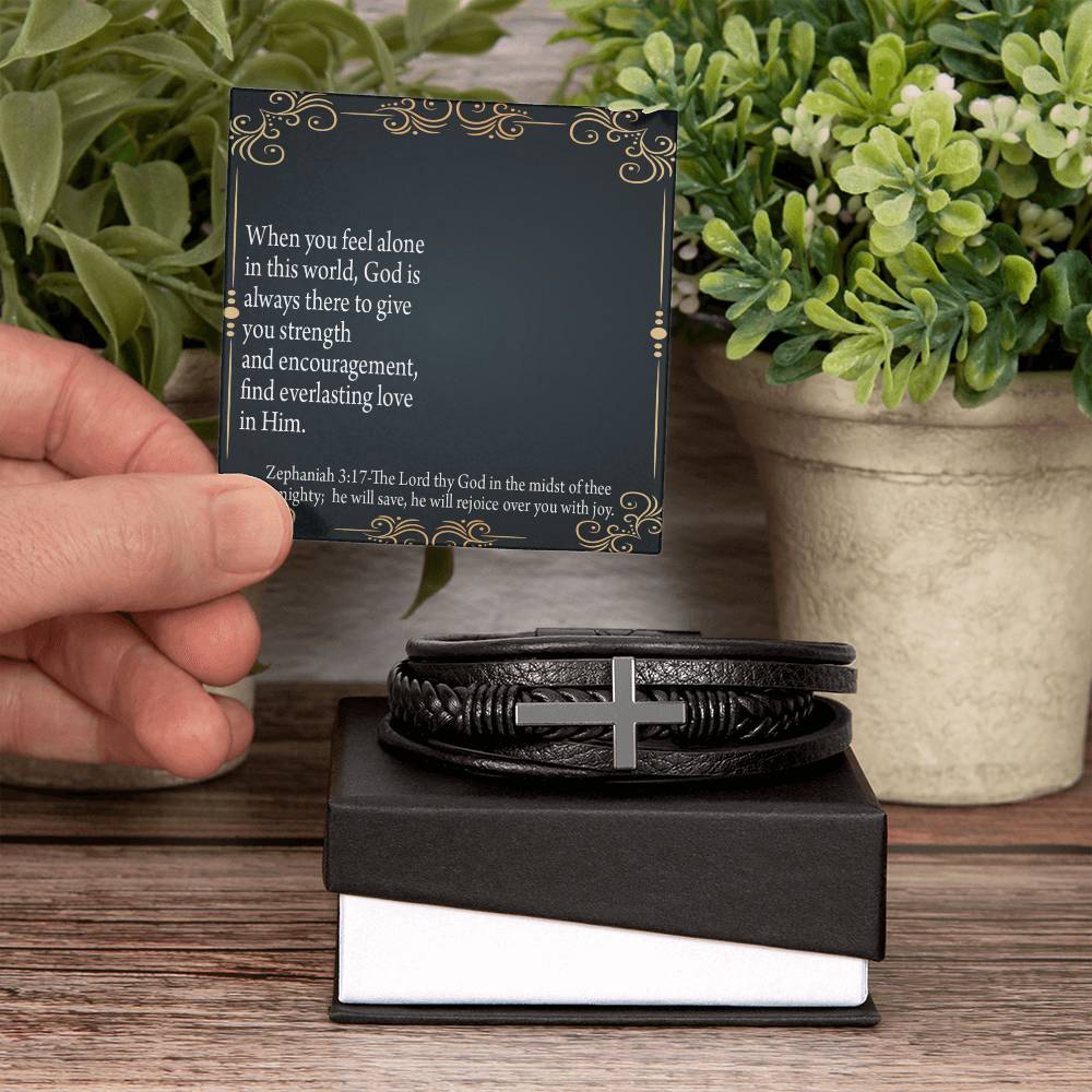 Care & Concern Zephaniah 3:17 Men's Stainless Steel & Vegan Leather Cross Bracelet - Vegan Leather with Stainless Steel-Express Your Love Gifts