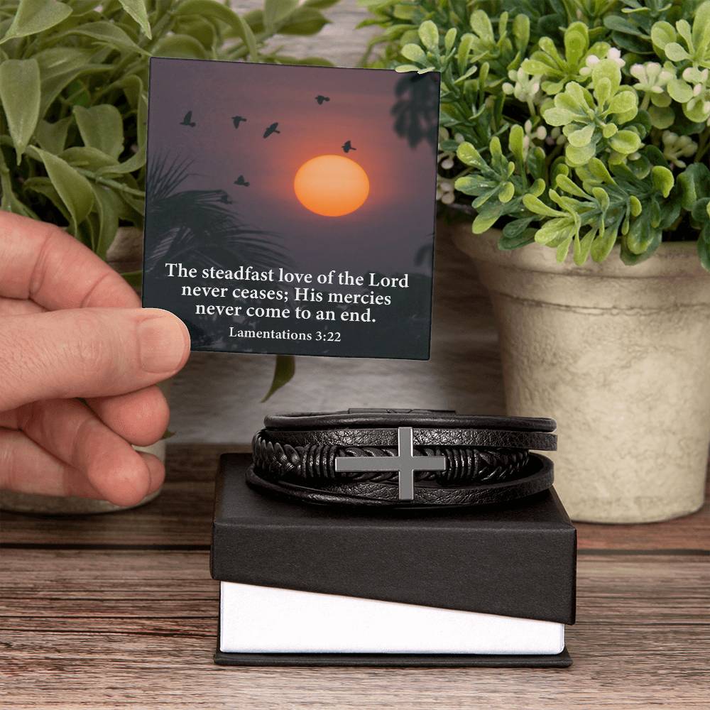 Love of Lord Never Ends Lamentations 3:22 Men's Stainless Steel & Vegan Leather Cross Bracelet - Vegan Leather with Stainless Steel-Express Your Love Gifts