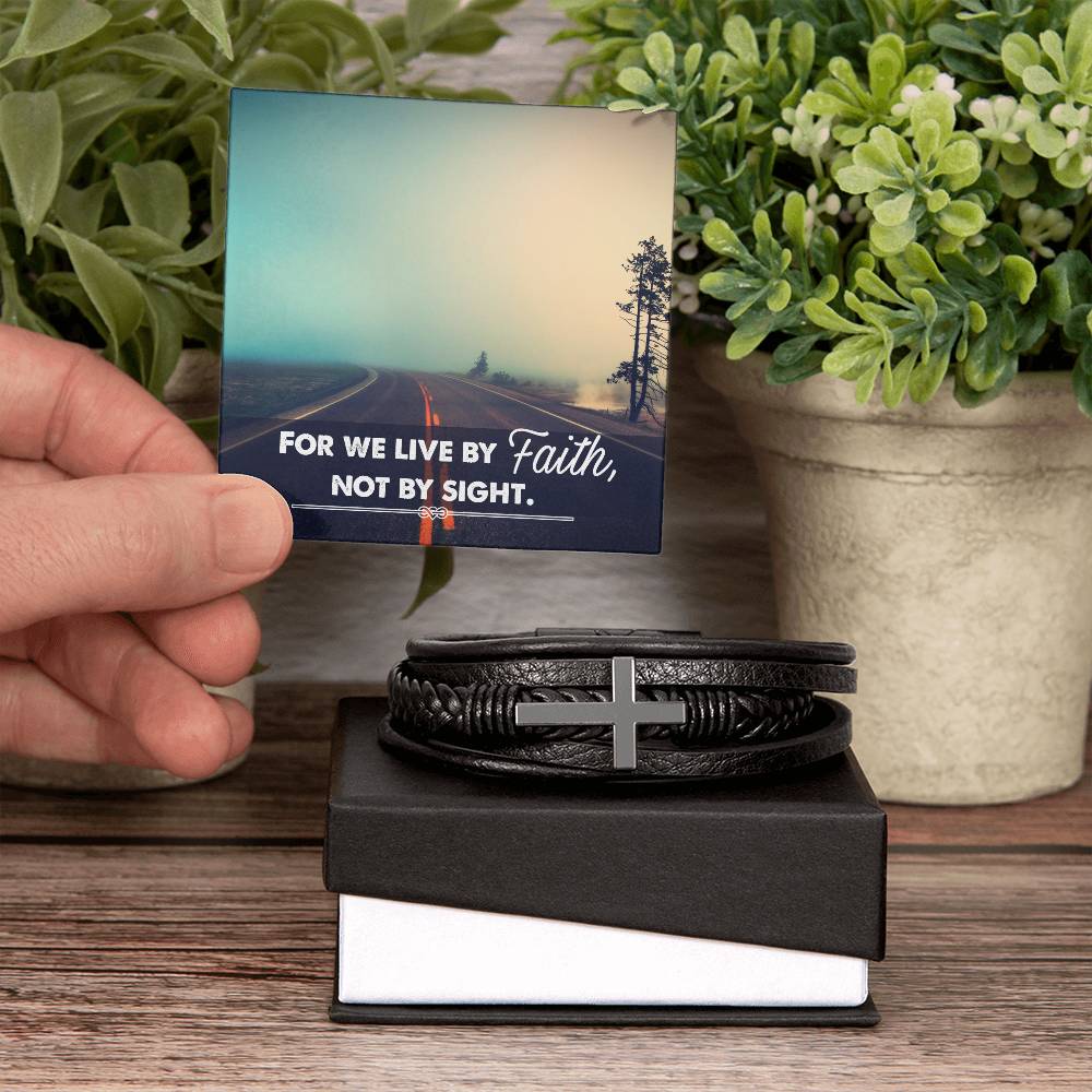 For We Live by Faith Not by Side Men's Stainless Steel & Vegan Leather Cross Bracelet - Vegan Leather with Stainless Steel-Express Your Love Gifts