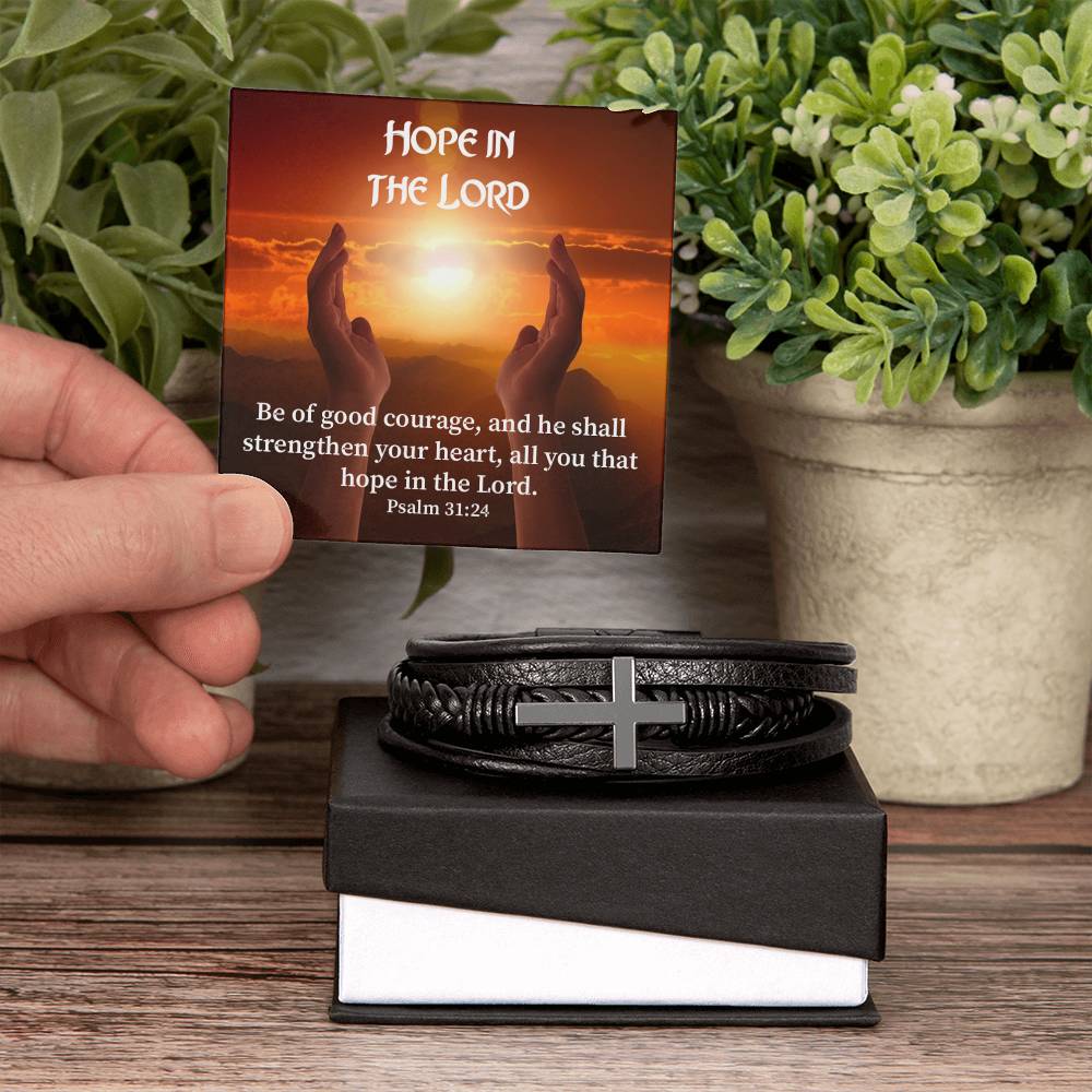 Hope in The Lord Psalm 31:24 Men's Stainless Steel & Vegan Leather Cross Bracelet - Vegan Leather with Stainless Steel-Express Your Love Gifts