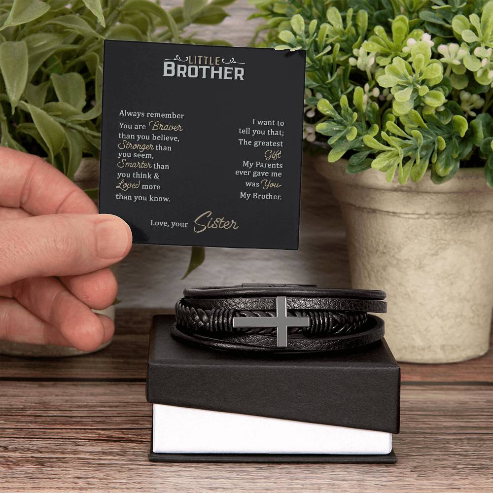 To My Little Brother Love Your Lord With All Your Strength Men's Cross Bracelet - Vegan Leather with Stainless Steel-Express Your Love Gifts