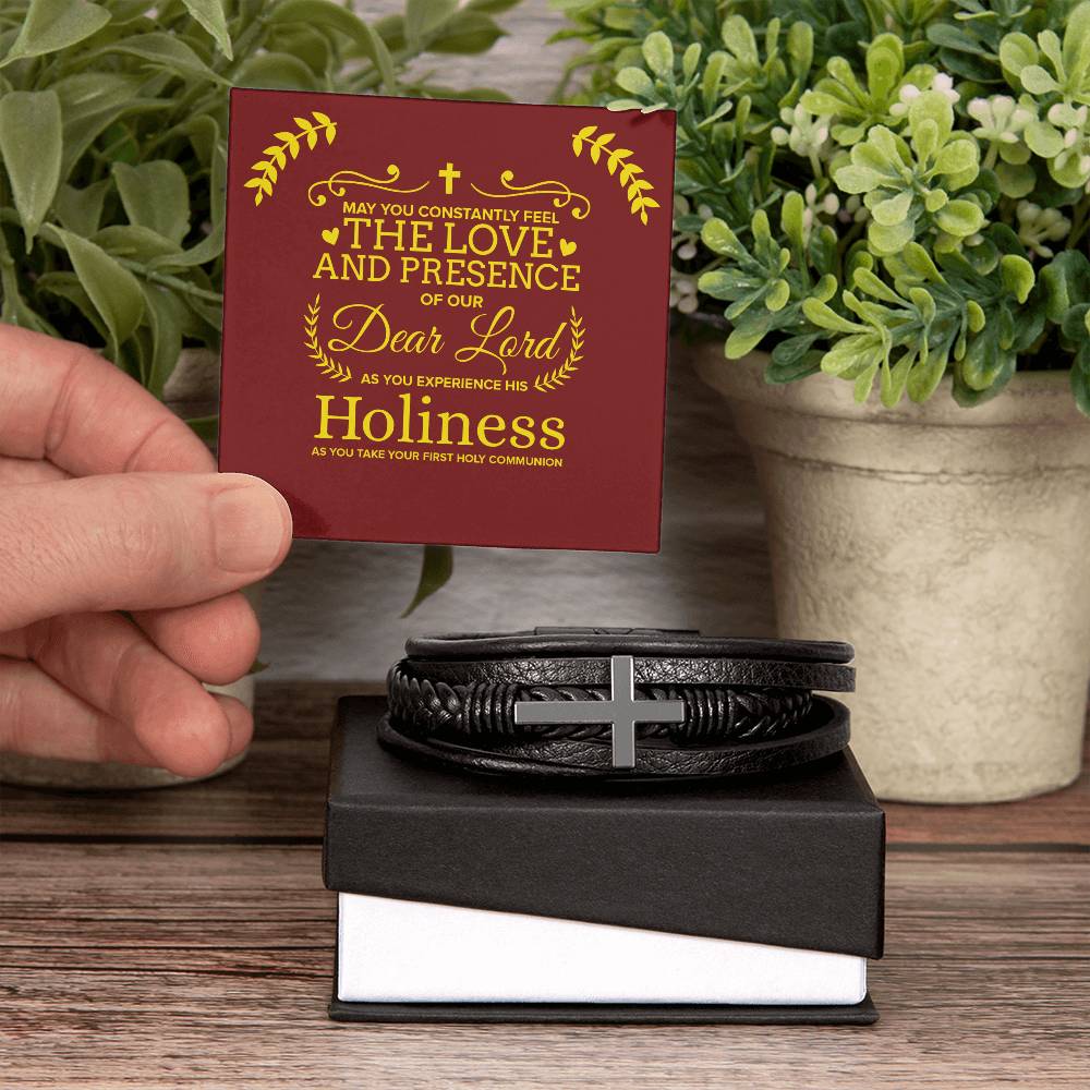 Our Dear Lord First Communion Men's Stainless Steel & Vegan Leather Cross Bracelet - Vegan Leather with Stainless Steel-Express Your Love Gifts