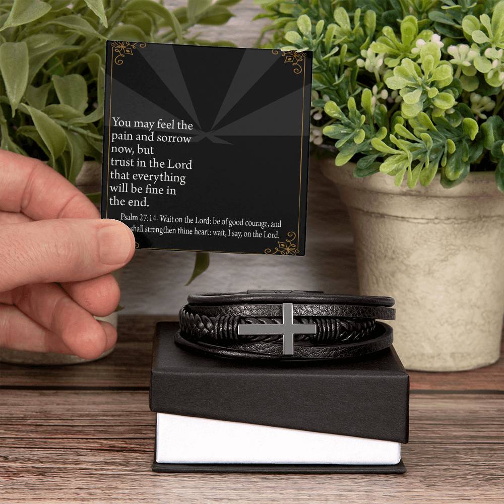 God's Strength Psalm 27:14 Men's Stainless Steel & Vegan Leather Cross Bracelet - Vegan Leather with Stainless Steel-Express Your Love Gifts
