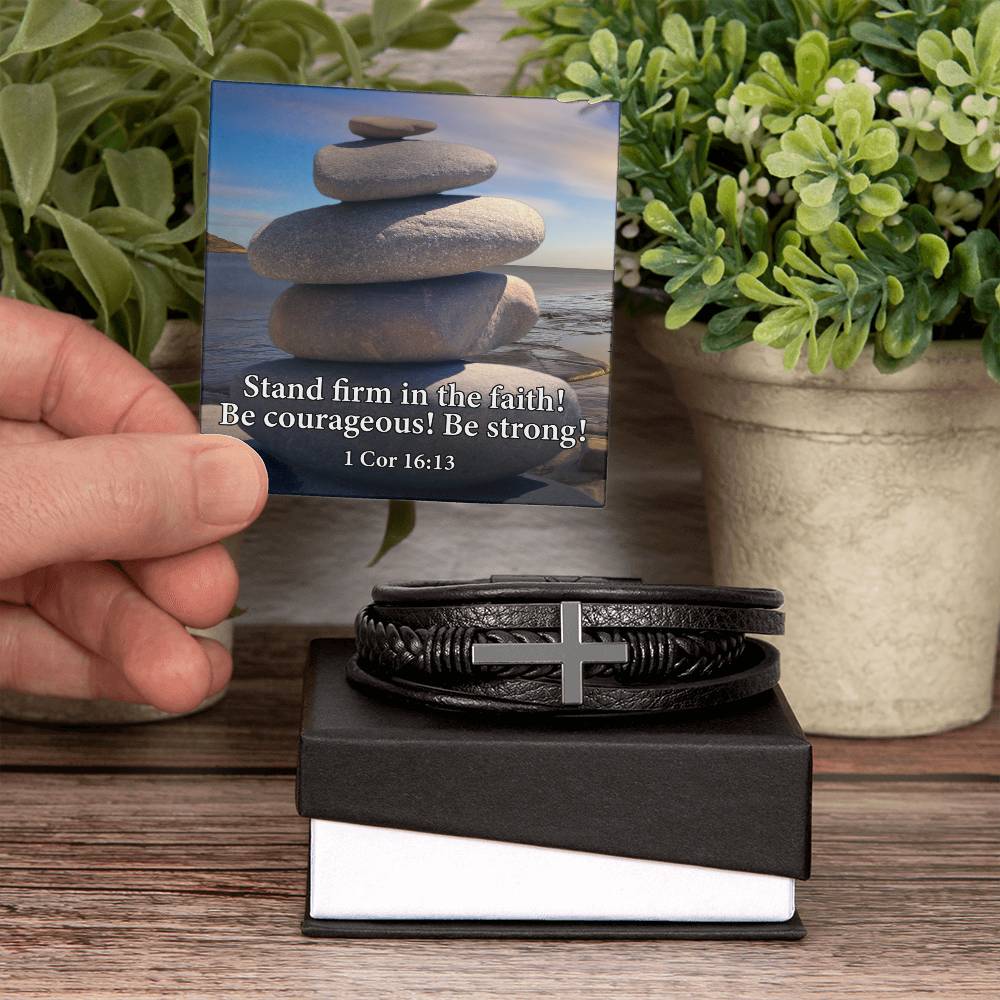 Stand Firm in Faith 1 Corinthians 16:13 Men's Stainless Steel & Vegan Leather Cross Bracelet - Vegan Leather with Stainless Steel-Express Your Love Gifts