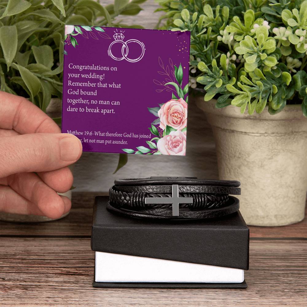 Wedding Message Faith Matthew 9:16 Men's Stainless Steel & Vegan Leather Cross Bracelet - Vegan Leather with Stainless Steel-Express Your Love Gifts
