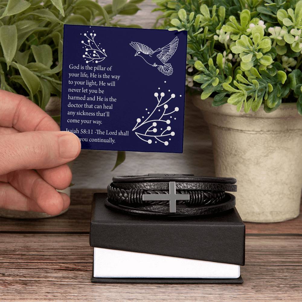 Get Well Isaiah 58:11 Men's Stainless Steel & Vegan Leather Cross Bracelet - Vegan Leather with Stainless Steel-Express Your Love Gifts