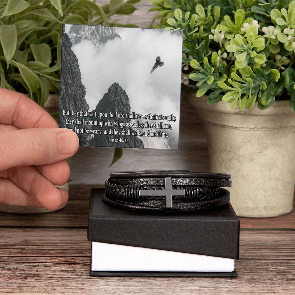Renew Their Strength Isaiah 40:31 Men's Stainless Steel & Vegan Leather Cross Bracelet - Vegan Leather with Stainless Steel-Express Your Love Gifts