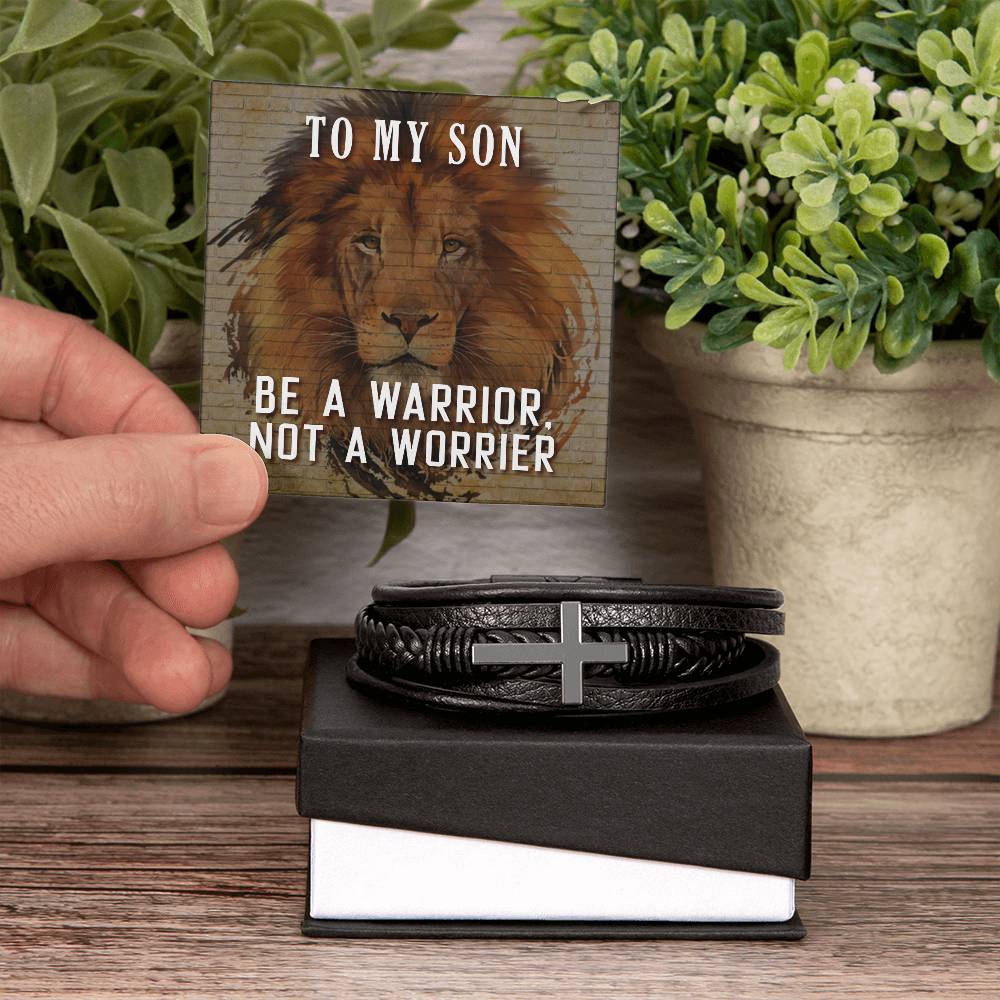 Be a Warrior Not a Worrier Men's Cross Bracelet - Vegan Leather with Stainless Steel-Express Your Love Gifts