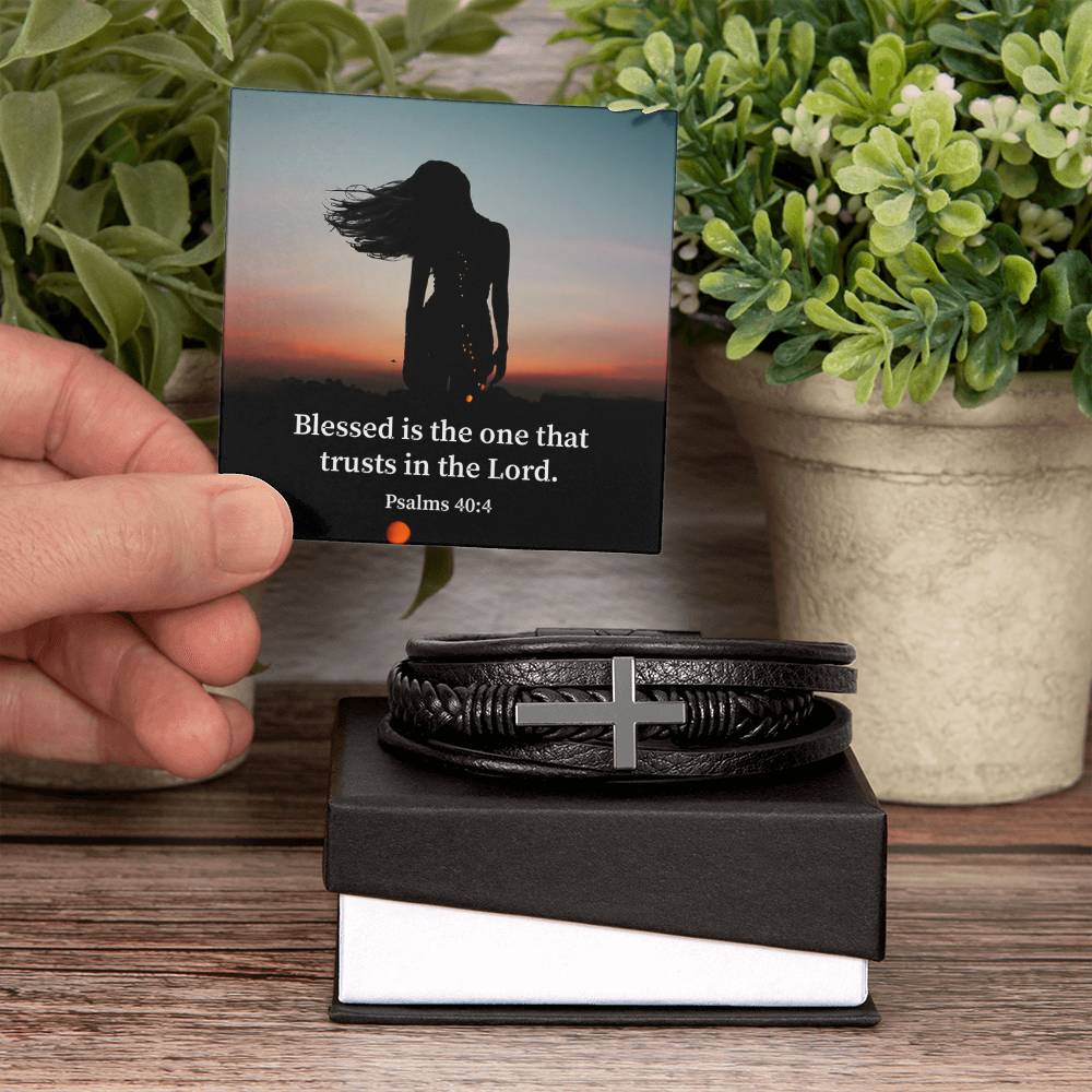 His Trust Psalm 40:4 Men's Stainless Steel & Vegan Leather Cross Bracelet - Vegan Leather with Stainless Steel-Express Your Love Gifts