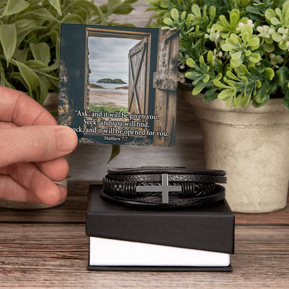 Ask & You Shall Receive Matthew 7:7 Men's Stainless Steel & Vegan Leather Cross Bracelet - Vegan Leather with Stainless Steel-Express Your Love Gifts