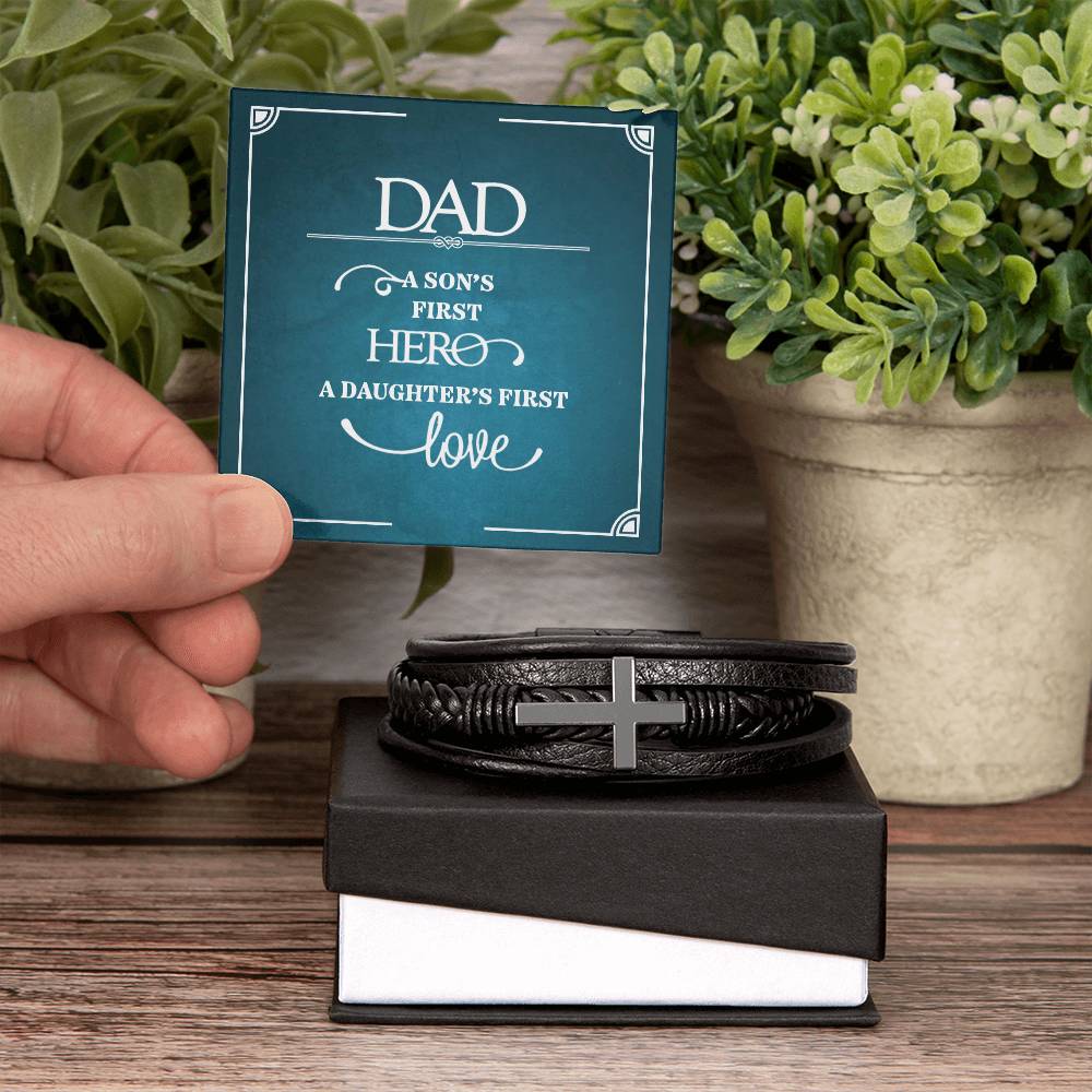 Dad a Sons First Hero Men's Cross Bracelet - Vegan Leather with Stainless Steel-Express Your Love Gifts