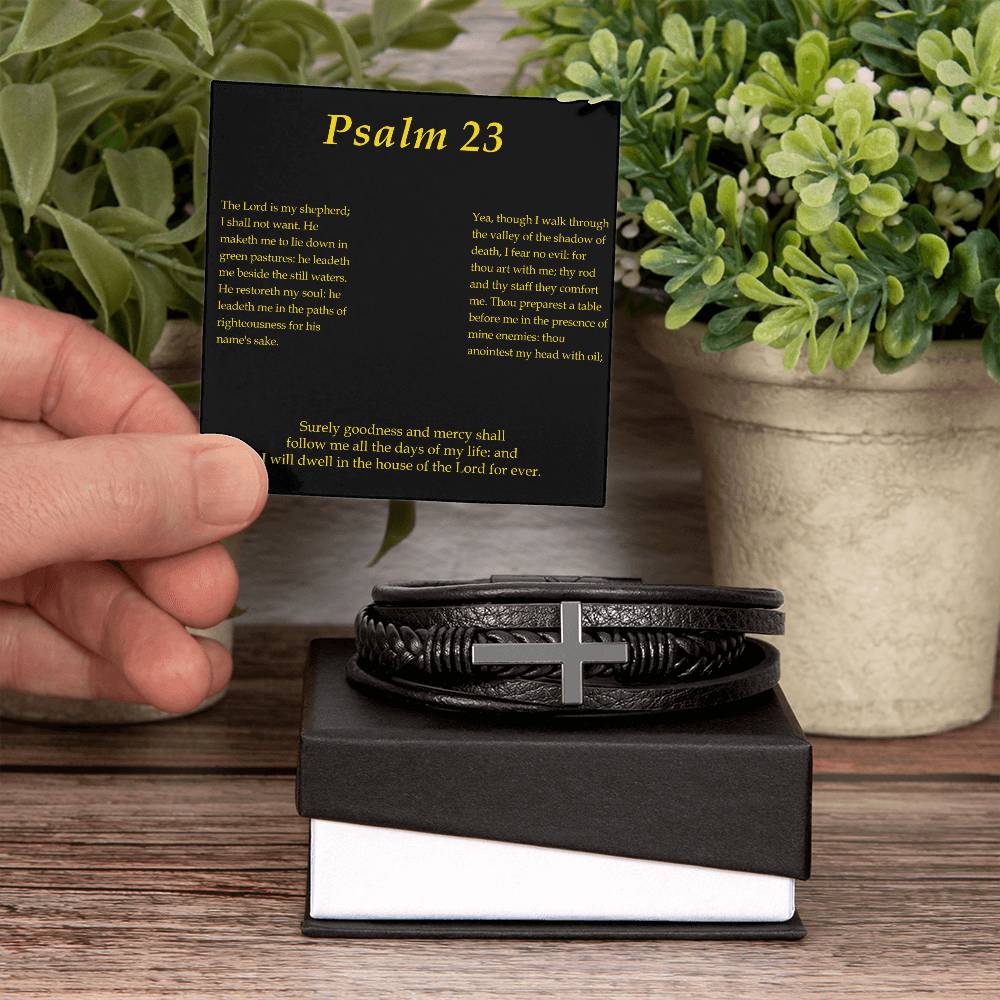 Lord is my Shepherd Psalm 23:2 Men's Stainless Steel & Vegan Leather Cross Bracelet - Vegan Leather with Stainless Steel-Express Your Love Gifts