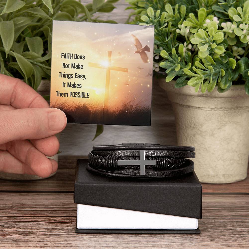 Faith Does Not Make Things Easy Luke 1:37 Men's Stainless Steel & Vegan Leather Cross Bracelet - Vegan Leather with Stainless Steel-Express Your Love Gifts