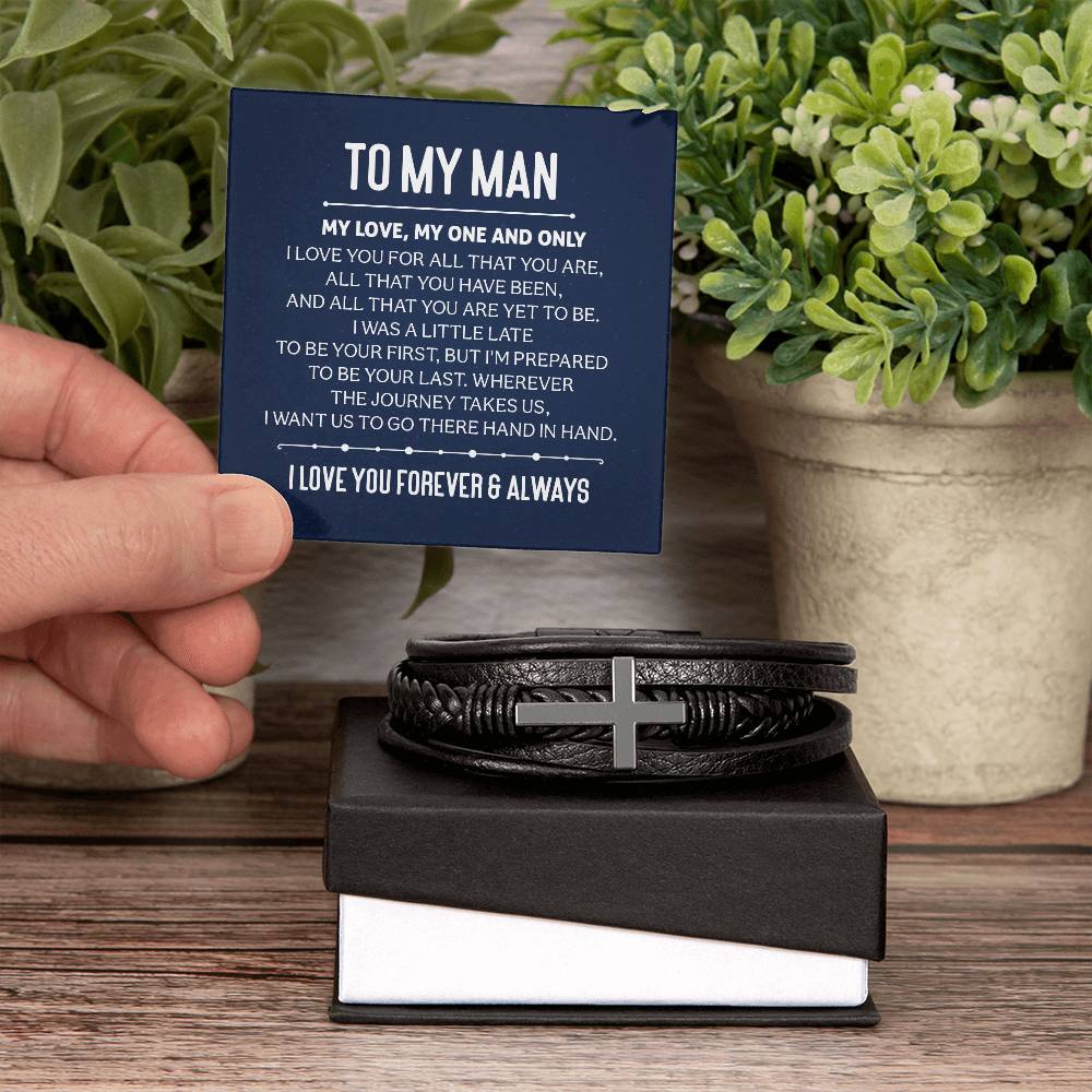 To My Man My Love My One and Only Men's Cross Bracelet - Vegan Leather with Stainless Steel-Express Your Love Gifts