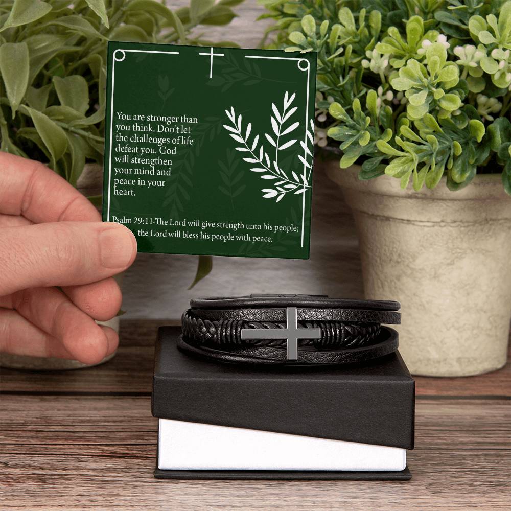 God Will Strengthen You Psalm 29:11 Men's Stainless Steel & Vegan Leather Cross Bracelet - Vegan Leather with Stainless Steel-Express Your Love Gifts