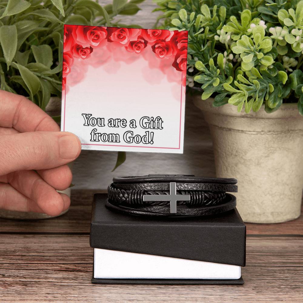 You Are a Gift From God Men's Stainless Steel & Vegan Leather Cross Bracelet - Vegan Leather with Stainless Steel-Express Your Love Gifts