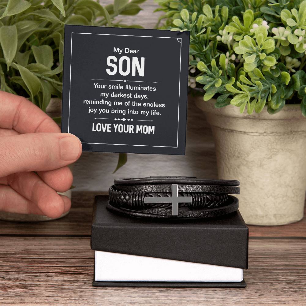 To My Son Your Smile Men's Cross Bracelet - Vegan Leather with Stainless Steel-Express Your Love Gifts