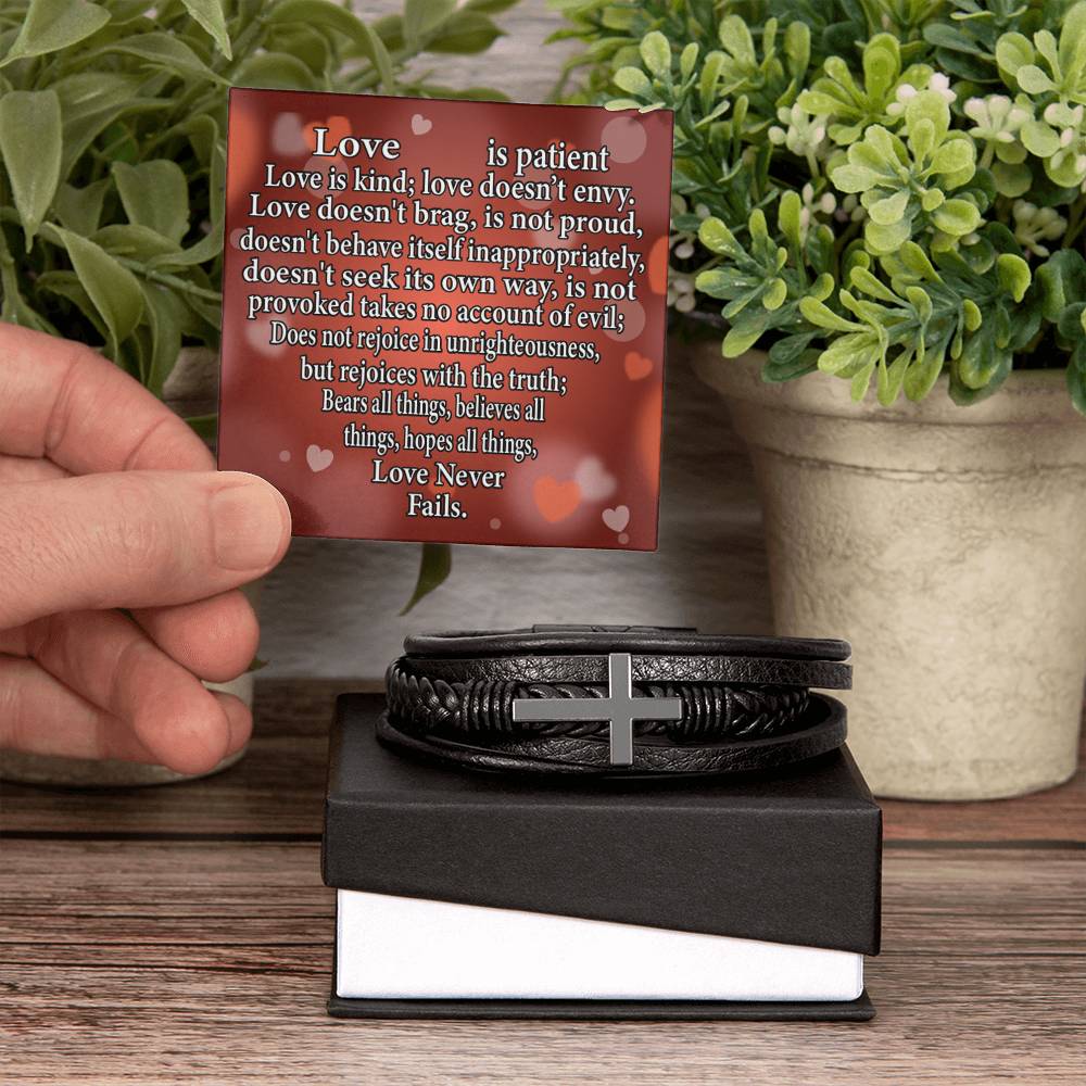 Love is Corinthians Men's Stainless Steel & Vegan Leather Cross Bracelet - Vegan Leather with Stainless Steel-Express Your Love Gifts