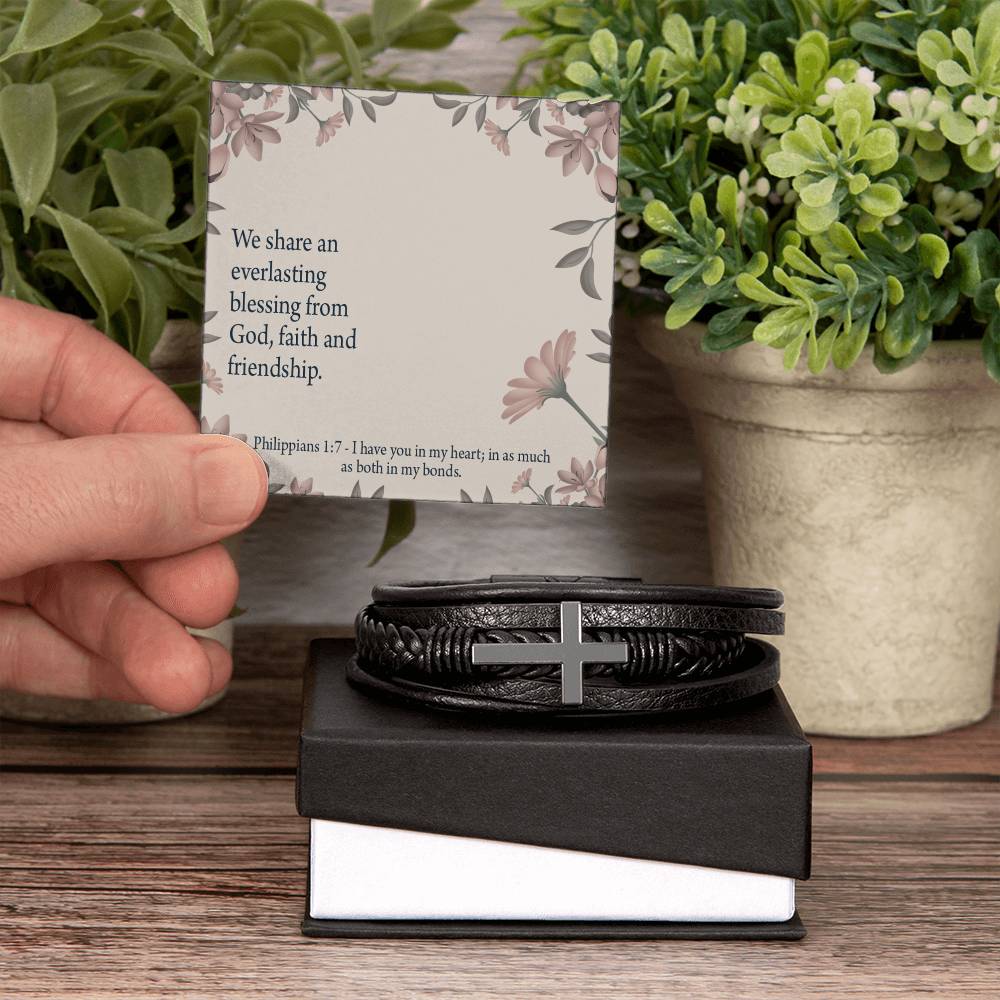 Friendship Philippians 1:7 Men's Stainless Steel & Vegan Leather Cross Bracelet - Vegan Leather with Stainless Steel-Express Your Love Gifts
