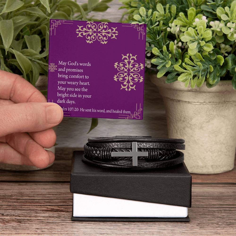 Get Well God's Words & Promises Psalm 107:20 Men's Stainless Steel & Vegan Leather Cross Bracelet - Vegan Leather with Stainless Steel-Express Your Love Gifts