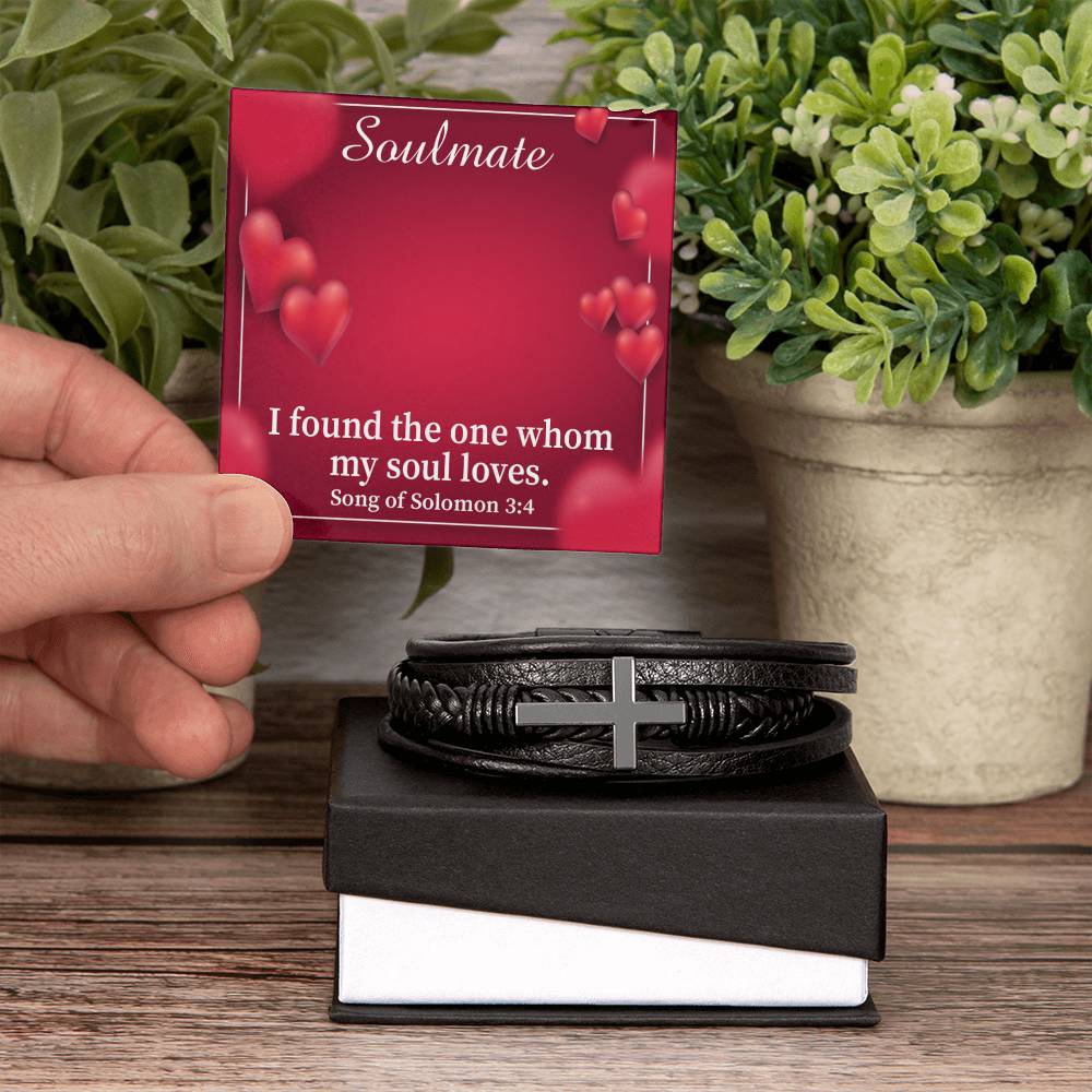 My Soul Loves Song of Solomon 3:4 Men's Stainless Steel & Vegan Leather Cross Bracelet - Vegan Leather with Stainless Steel-Express Your Love Gifts