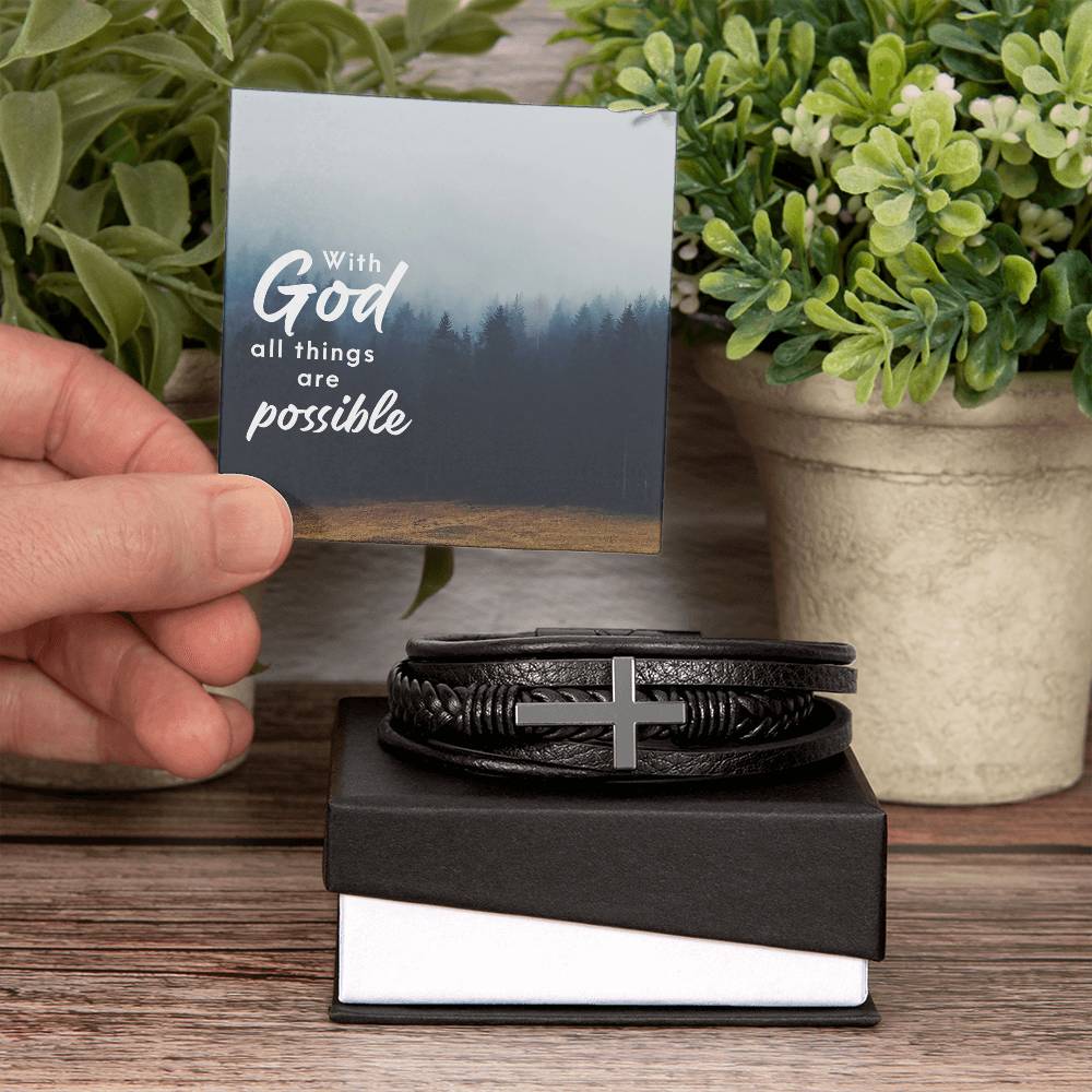 With God All Things are Possible Men's Cross Bracelet - Vegan Leather with Stainless Steel-Express Your Love Gifts