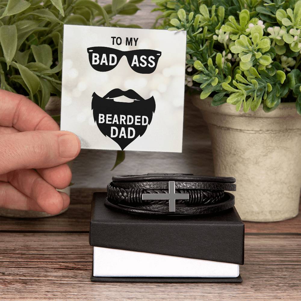 To My Badass Bearded Dad Men's Cross Bracelet - Vegan Leather with Stainless Steel-Express Your Love Gifts