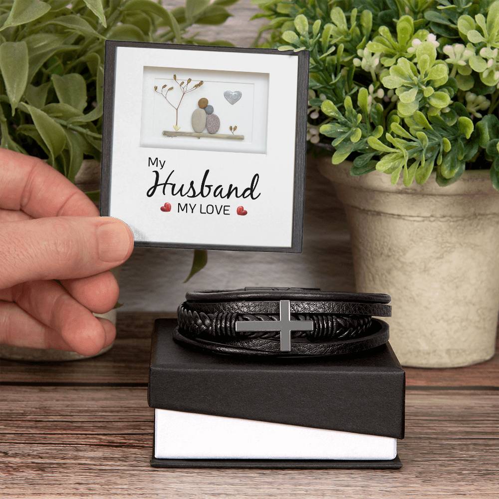 My Husband My Love Men's Cross Bracelet - Vegan Leather with Stainless Steel-Express Your Love Gifts