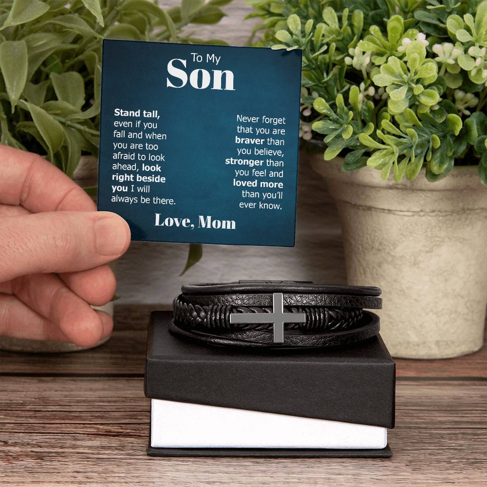 To My Son Stand Tall Even if You Fall Men's Cross Bracelet - Vegan Leather with Stainless Steel-Express Your Love Gifts