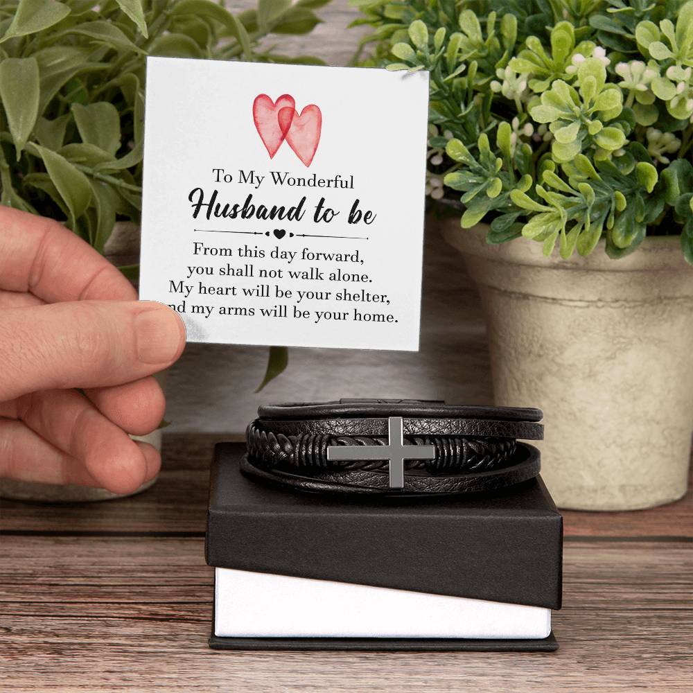 To My Wonderful Husband To Be Men's Cross Bracelet - Vegan Leather with Stainless Steel-Express Your Love Gifts