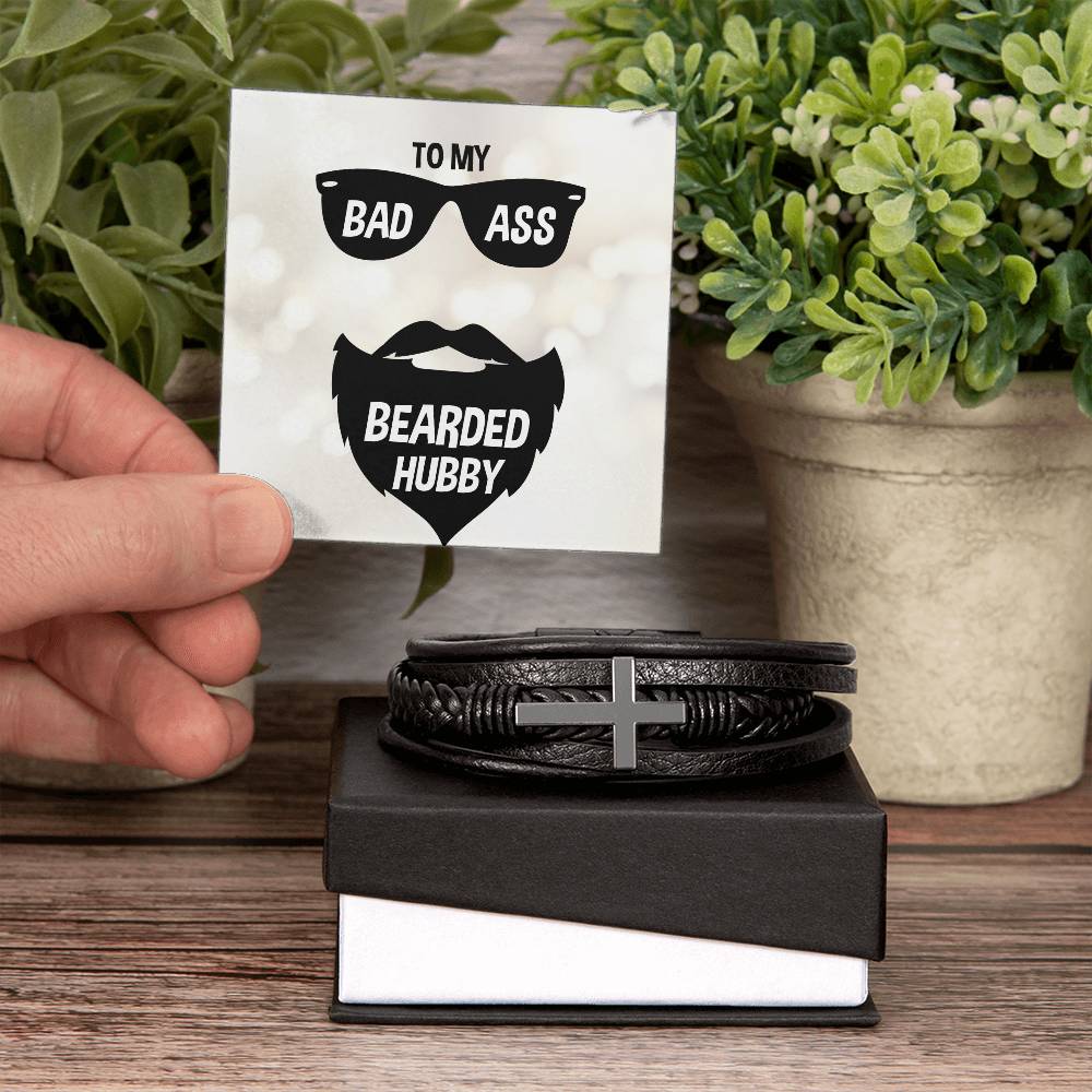 To My Badass Bearded Hubby Men's Cross Bracelet - Vegan Leather with Stainless Steel-Express Your Love Gifts