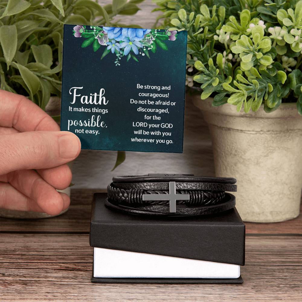 Faith Makes Things Possible Men's Stainless Steel & Vegan Leather Cross Bracelet - Vegan Leather with Stainless Steel-Express Your Love Gifts