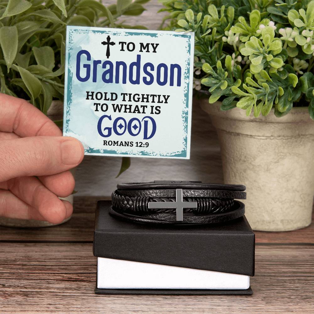 To My Grandson Hold Tightly Men's Cross Bracelet - Vegan Leather with Stainless Steel-Express Your Love Gifts