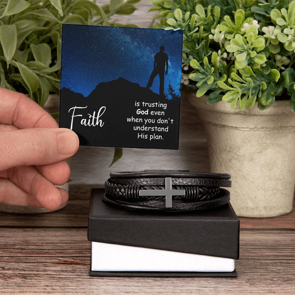 Faith is Trusting God Even When You Don't Men's Stainless Steel & Vegan Leather Cross Bracelet - Vegan Leather with Stainless Steel-Express Your Love Gifts