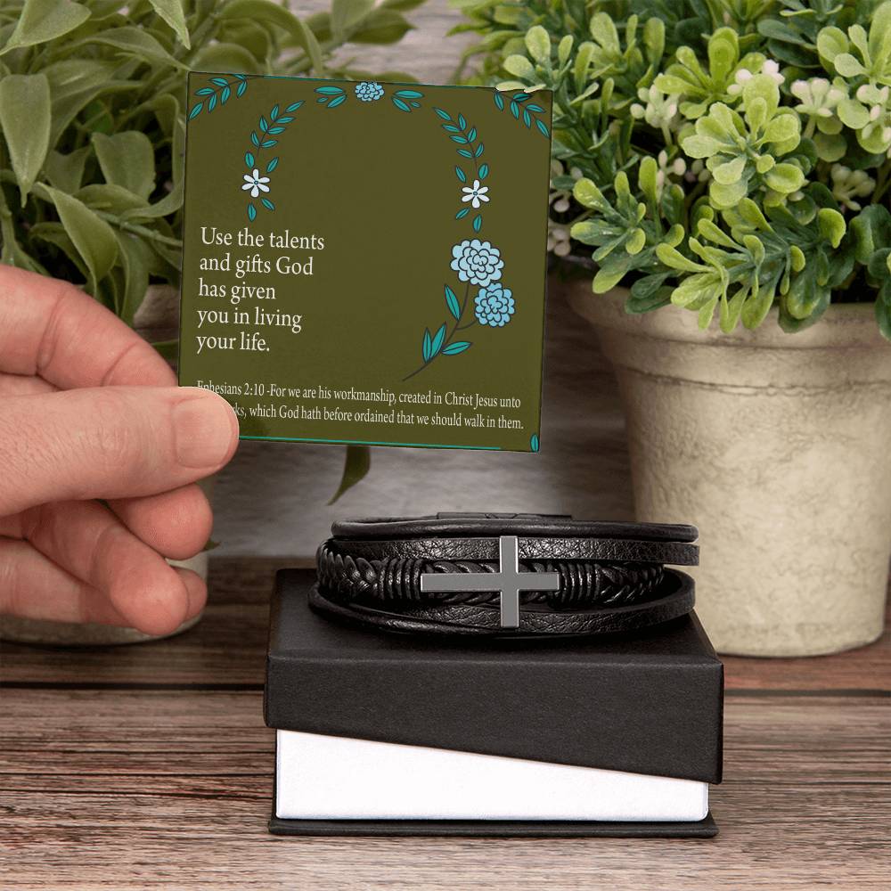 You Are God's Workmanship Ephesians 2:10 Men's Stainless Steel & Vegan Leather Cross Bracelet - Vegan Leather with Stainless Steel-Express Your Love Gifts