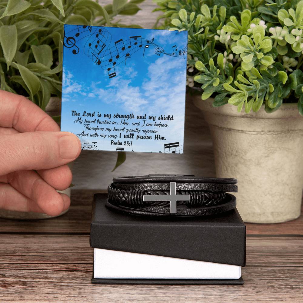 Lord is My Strength Psalm 28:7 Men's Stainless Steel & Vegan Leather Cross Bracelet - Vegan Leather with Stainless Steel-Express Your Love Gifts