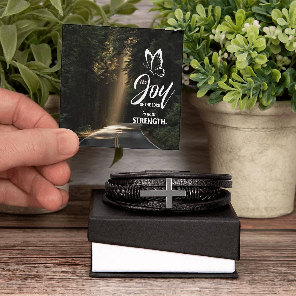 The Joy of The Lord is Your Strength Men's Stainless Steel & Vegan Leather Cross Bracelet - Vegan Leather with Stainless Steel-Express Your Love Gifts