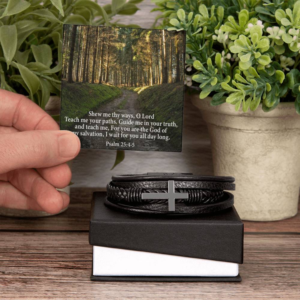Guide & Teach Me lord in Psalm 25:4‭-‬5 Men's Stainless Steel & Vegan Leather Cross Bracelet - Vegan Leather with Stainless Steel-Express Your Love Gifts
