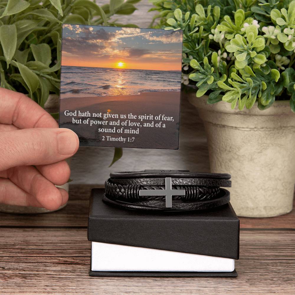 No Fear 2 Timothy 1:7 Men's Stainless Steel & Vegan Leather Cross Bracelet - Vegan Leather with Stainless Steel-Express Your Love Gifts