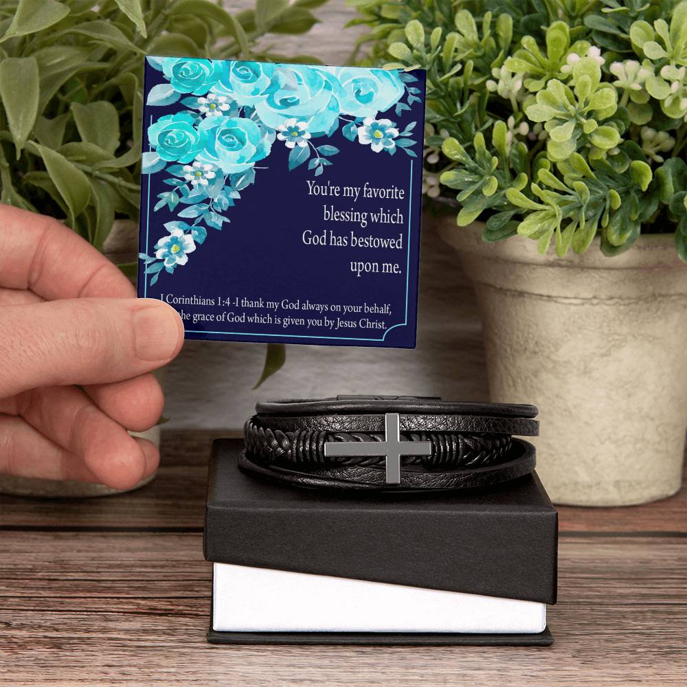 Thinking of You 1 Corinthians 1:4 Men's Stainless Steel & Vegan Leather Cross Bracelet - Vegan Leather with Stainless Steel-Express Your Love Gifts