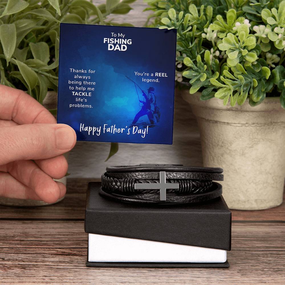 To My Fishing Dad Thanks for Always Being There Men's Cross Bracelet - Vegan Leather with Stainless Steel-Express Your Love Gifts